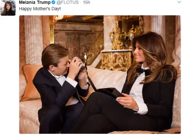 US first lady, Melania shares adorable photo with her son to mark mother